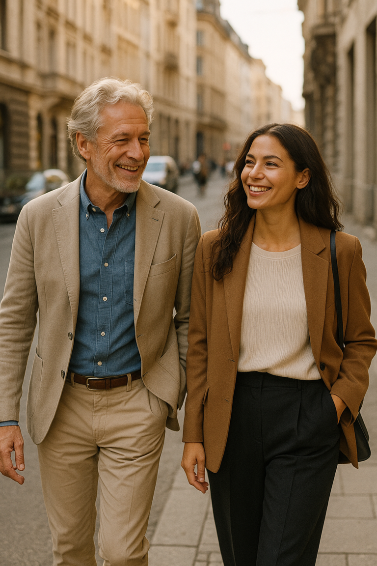 Smiling older man in a beige blazer with blue shirt walking beside a smiling younger woman in a camel blazer along a city street.