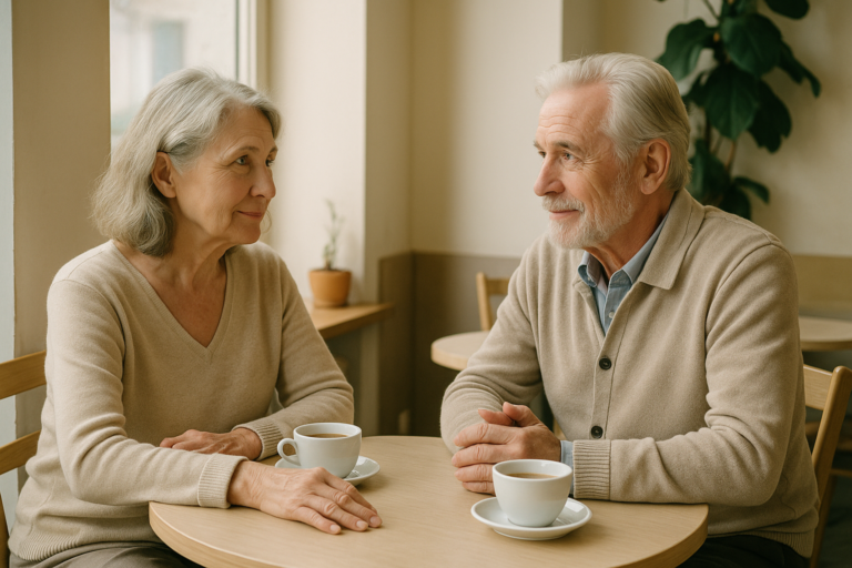 Two elderly adults sit at a round table in a cafe, sharing a calm conversation with cups of coffee nearby.