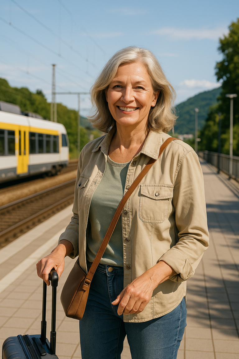 Smiling older woman at a train station with a rolling suitcase and a brown crossbody bag, blue jeans and a beige jacket under a clear sky.