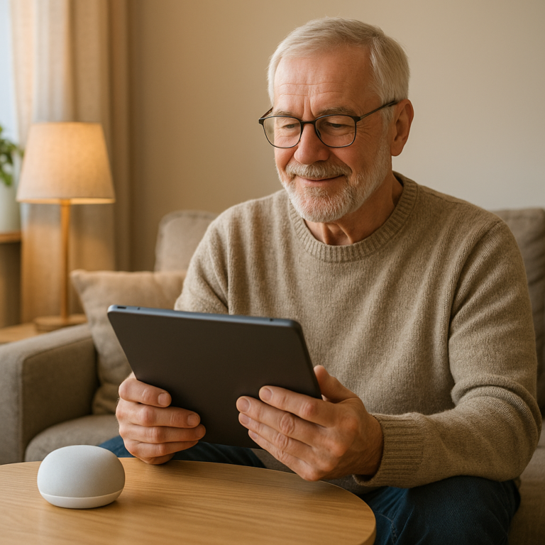 Older man with glasses sitting on a couch, holding a tablet and smiling while using it at home. A smart speaker sits on the table nearby.