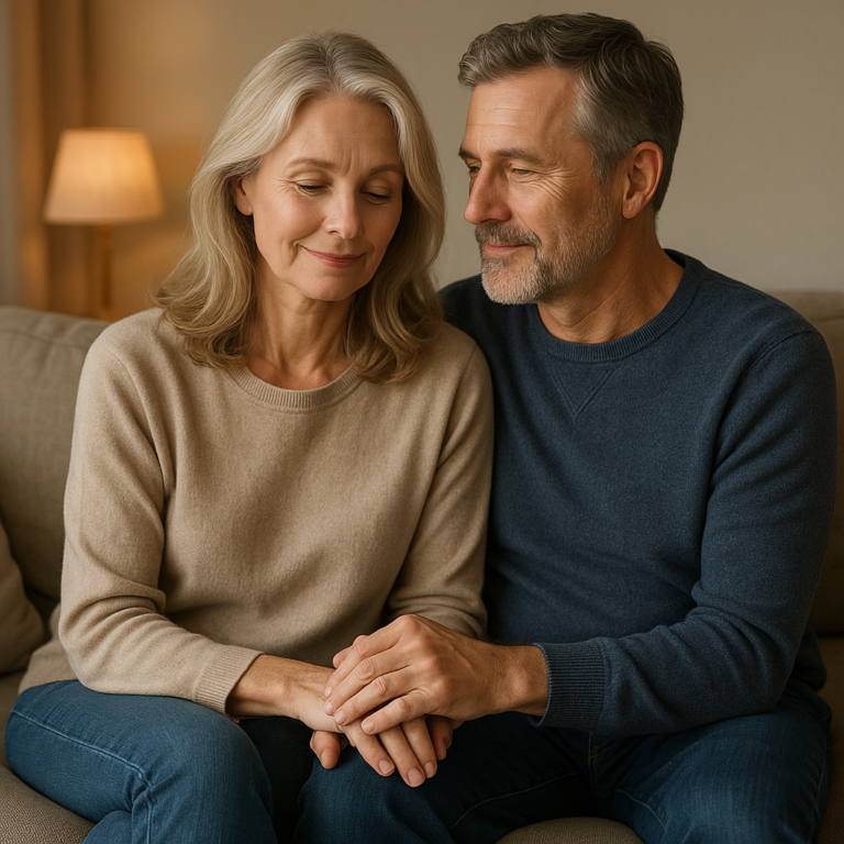 Couple sitting closely on a sofa, holding hands and smiling softly in a cozy living room.
