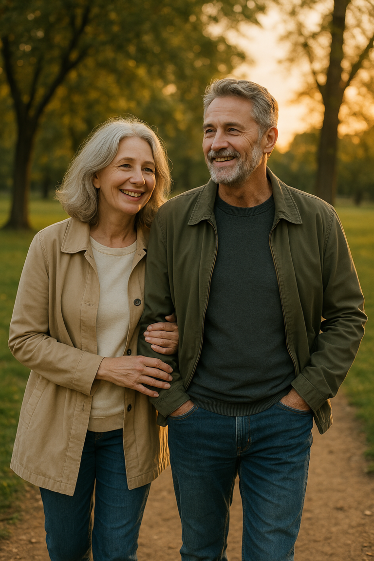 Smiling older couple walking arm in arm down a sunlit park path at golden hour.