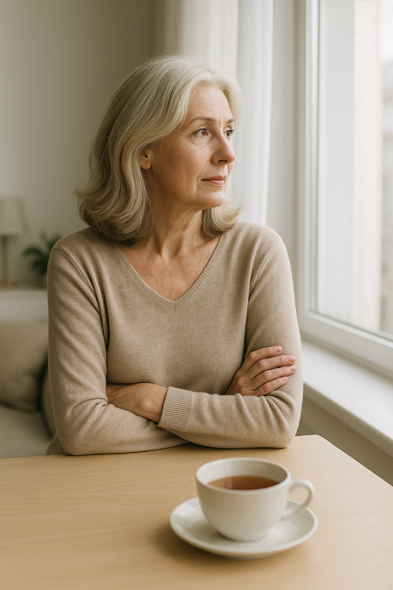 Older woman with silver hair sits at a wooden table by a window, arms folded, gazing thoughtfully outside with a cup of tea on a saucer in the foreground.